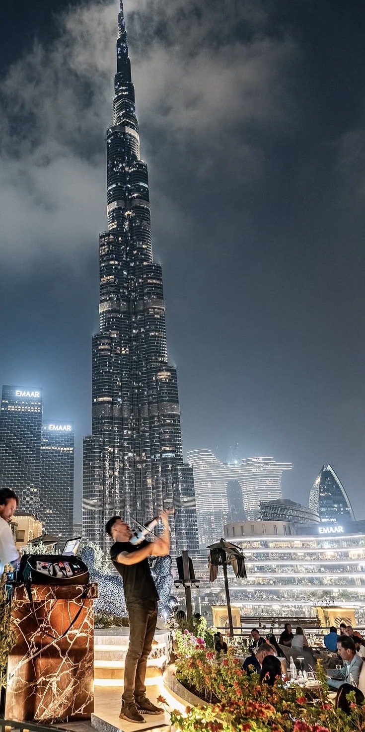 Nico performing in front of Burj Khalifa