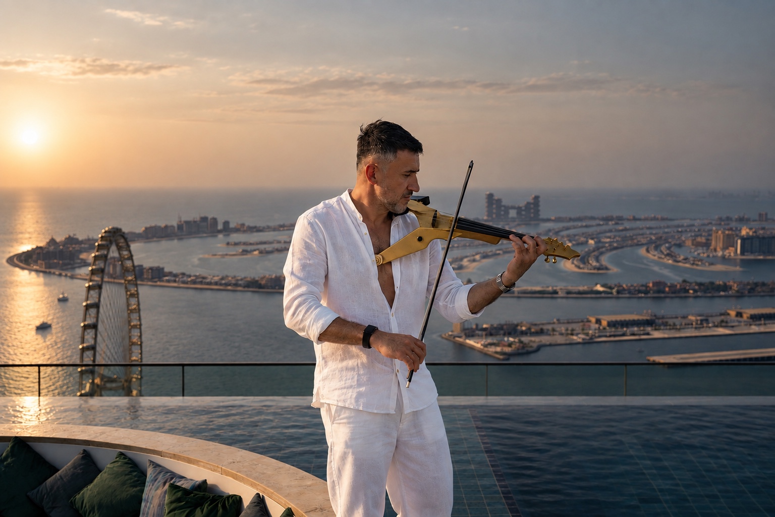 Nico performing with his gold electric violin overlooking Palm Jumeirah at sunset